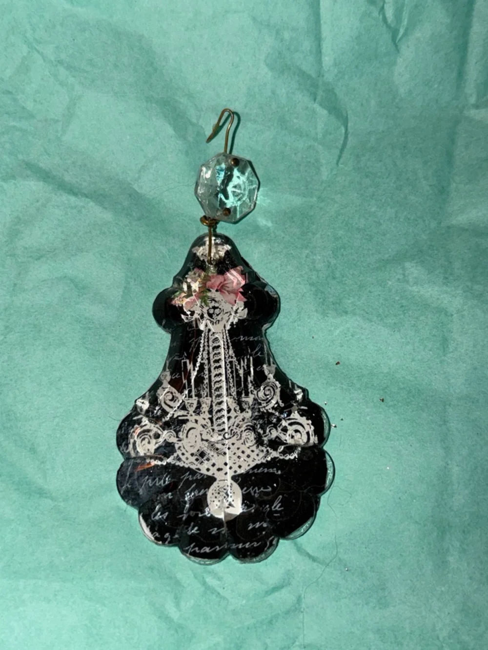 Artisan Black and Pink Floral Script Holiday Ornament with Crystal Bead - Picture 2 of 3